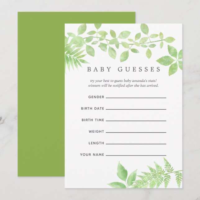 Vattenfärgen Greenery Baby Shower Baby Guesses Inbjudningar (Fram/baksida)
