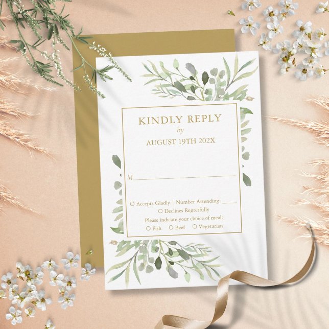 Vattenfärgen Greenery Elegant Guld Bröllop OSA Kort (Watercolor Greenery Elegant Gold Wedding RSVP Card)