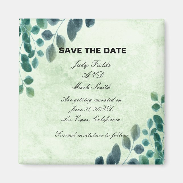 Vattenfärgen Greenery Eucalyptus Lämna Spara datum Magnet (Framsidan)