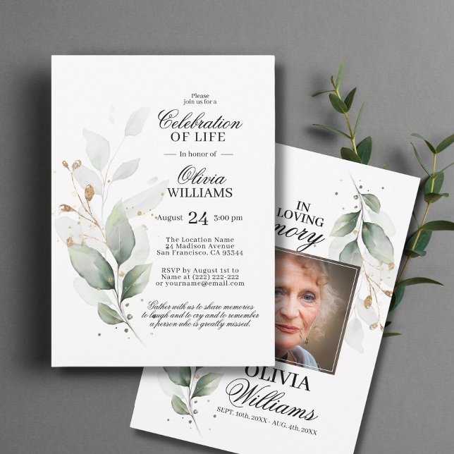 Vattenfärgen Greenery Firande i livets inbjudan (Watercolor Greenery Celebration of Life Invitation)