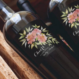 Vattenfärgen Greenery och Flowers Cheers Bröllop Vinflaska Etikett