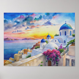 Vattenfärgen Grekiska ön Landcape Art på Santorini Poster