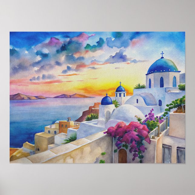 Vattenfärgen Grekiska ön Landcape Art på Santorini Poster (Framsidan)