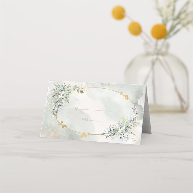 Vattenfärgen Grönt Blommigt Guld Oval Ram Bröllop Placeringskort (Framsida)