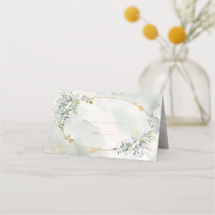 Vattenfärgen Grönt Blommigt Guld Oval Ram Bröllop Placeringskort