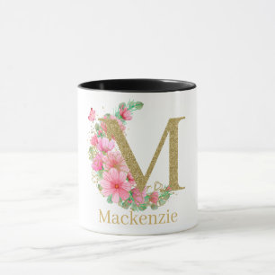 Vattenfärgen Guld och Blommigt Monogram Brev M Mugg