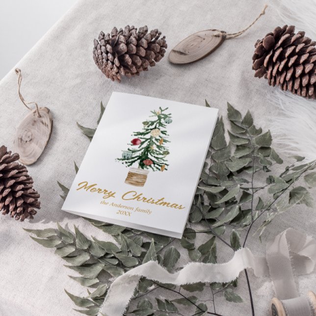 Vattenfärgen Guld Ornaments Träd God jul Helgkort (Skapare uppladdad)