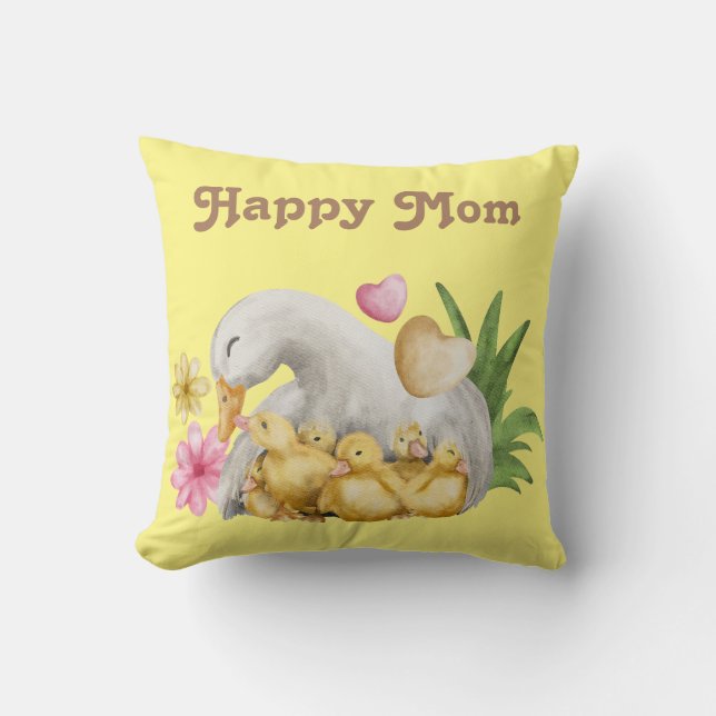 Vattenfärgen Gult Anka med Ducklings Baby Shower Kudde (Framsida)