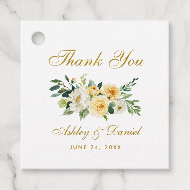 Vattenfärgen Gult Blommigt Guld Bröllop Tack Gåvor Etiketter (Framsida)