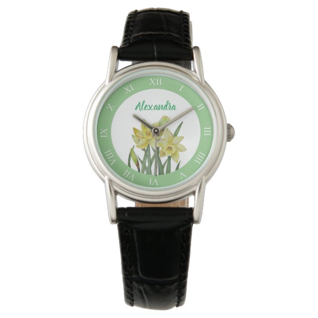 Vattenfärgen Gult Vår Daffodils Roman Numbers Armbandsur (Framsida)