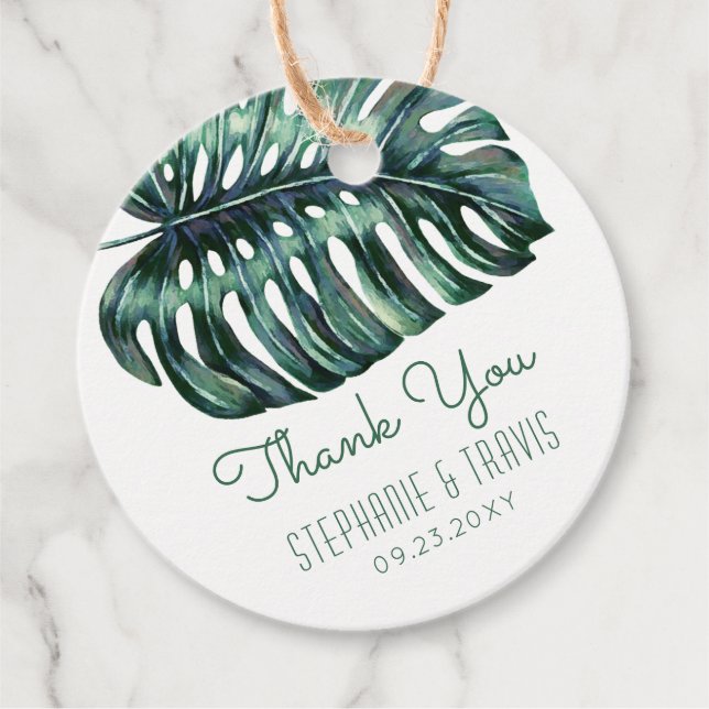 Vattenfärgen Handflatan Monstera Löv Tropiska Tack Gåvor Etiketter (Framsida)