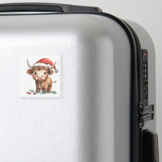 Vattenfärgen Highland Cow i Santa Hat White Magnet (In Situ (Luggage))