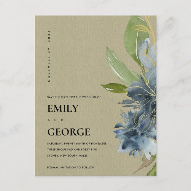 VATTENFÄRGEN I BLOMMIGTEN KRAFT BLUE GULD SPARA DA MEDDELANDE VYKORT (Framsida)