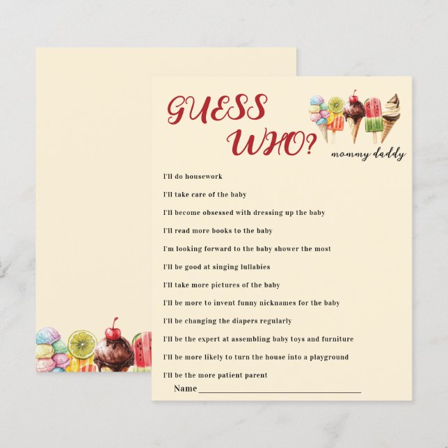 Vattenfärgen Ice Cream Baby Shower Gissa vem som s (Fram/baksida)