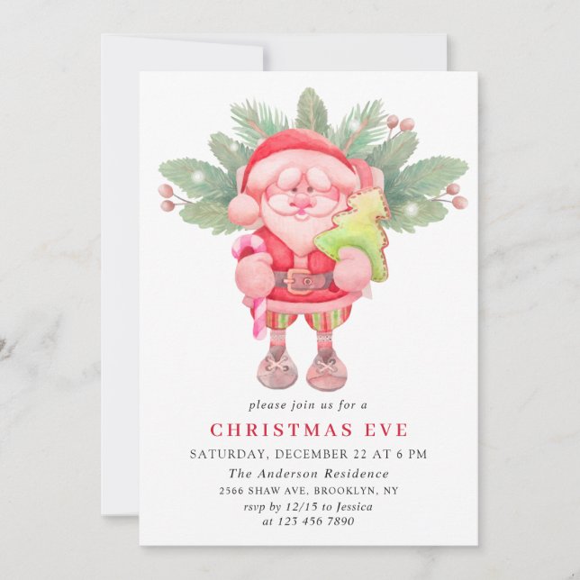 Vattenfärgen Jultomten jul, Kväll, Julfesten Inbjudningar (Framsida)