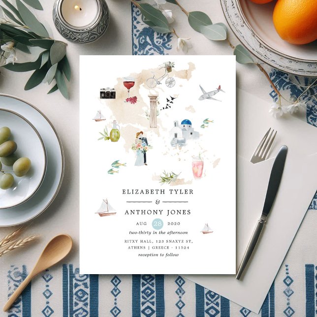 Vattenfärgen Karta i Grekland Destination Wedding Inbjudningar (Watercolor Map of Greece Destination Wedding Invitation)