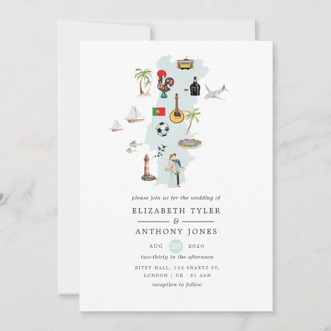 Vattenfärgen Karta i Portugal Destination Wedding Inbjudningar (Framsida)