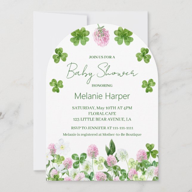 Vattenfärgen Klöver Löv och Blommor Baby Shower Inbjudningar (Framsida)