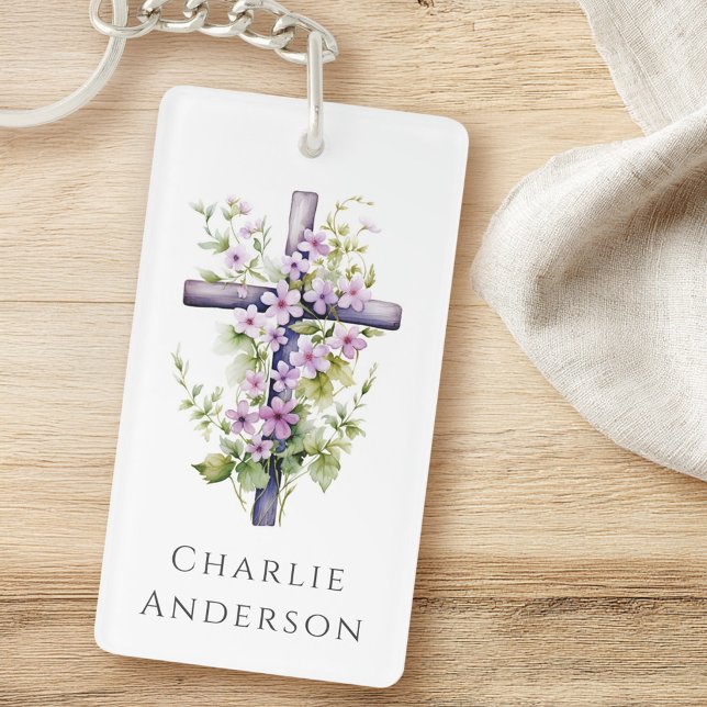Vattenfärgen kor lila blomma namn eller  nyckelring (Watercolor cross purple flower name or text keychain)
