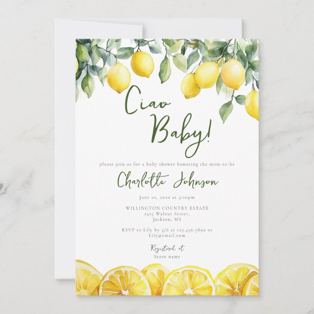 Vattenfärgen Lemon Citrus Italy Baby Shower Inbjudningar (Framsida)