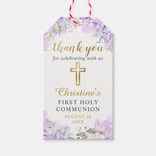 Vattenfärgen Lila Blommigt Guld Första Heligan Kom Presentetikett (Framsidan)