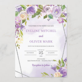 Vattenfärgen lila blommigt silver ram bröllop inbjudningar