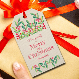 Vattenfärgen Löv och Berries Helgdag jul Presentetikett