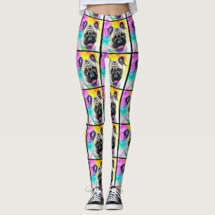 Vattenfärgen lycklig leende pug, valvbefärgade bal leggings