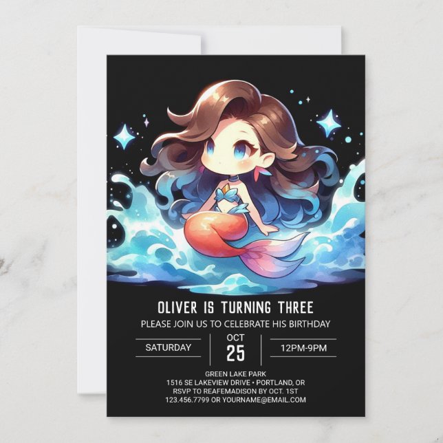Vattenfärgen Lycklig Sjöjungfru Birthday Inbjudningar (Framsida)