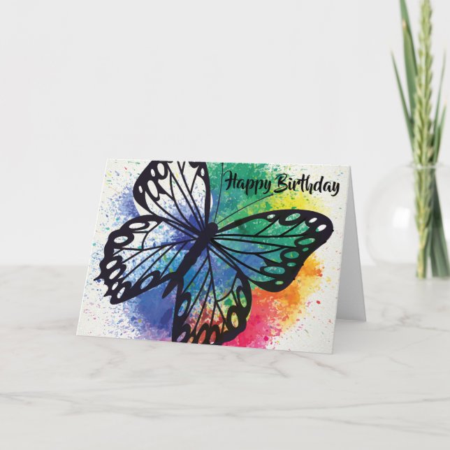 Vattenfärgen målar plaskad fjärilsfödelsedag kort (Framsida)