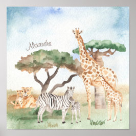 Vattenfärgen Mamma och Baby afrikanska djur Poster