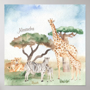 Vattenfärgen Mamma och Baby afrikanska djur Poster
