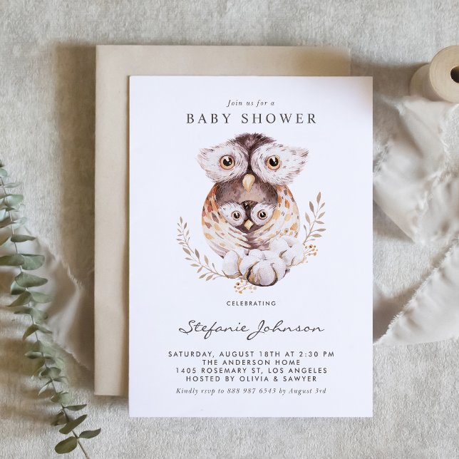 Vattenfärgen Mamma och Baby Uggla Fall Baby Shower Inbjudningar (Woodland baby shower invitation featuring watercolor mommy and baby owls and boho foliage.)