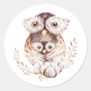 Vattenfärgen Mamma och Baby Uggla Woodland Baby Sh Runt Klistermärke