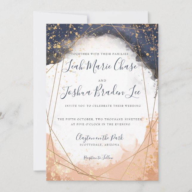 Vattenfärgen Modern Indigo Blue och Ro Faux Guld Inbjudningar (Framsida)