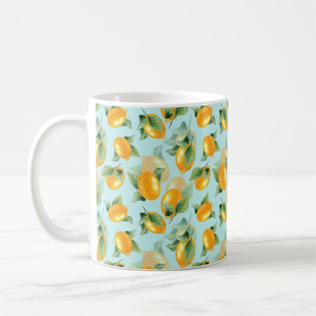Vattenfärgen mönster med citroner och löv. Seamles Kaffemugg (Vänster)