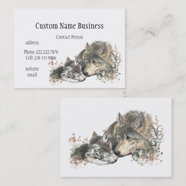 Vattenfärgen Mor eller Far Varg med Unge Visitkort (Fram/baksida)