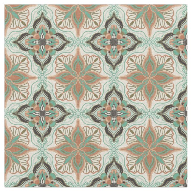 Vattenfärgen Moroccan Blommigt Tile Mönster Tyg (Närbild)