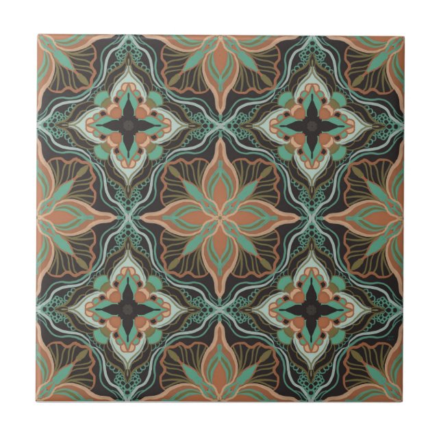 Vattenfärgen Moroccan Brown Blommigt Tile Kakelplatta (Framsidan)
