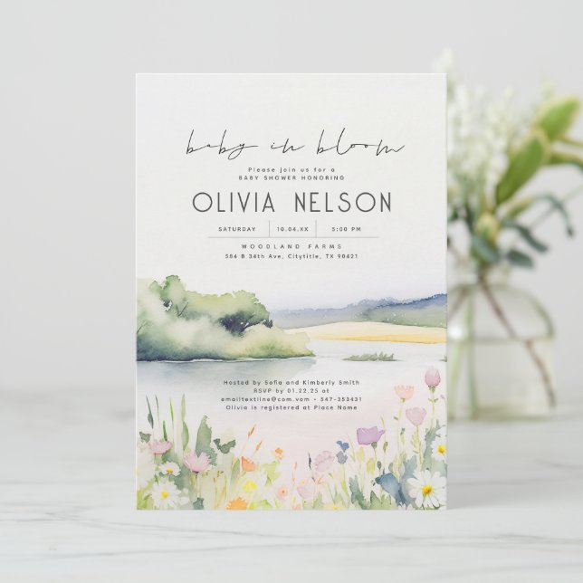 Vattenfärgen Natur och Wildblomme Baby Shower Inbjudningar (Stående Fram)
