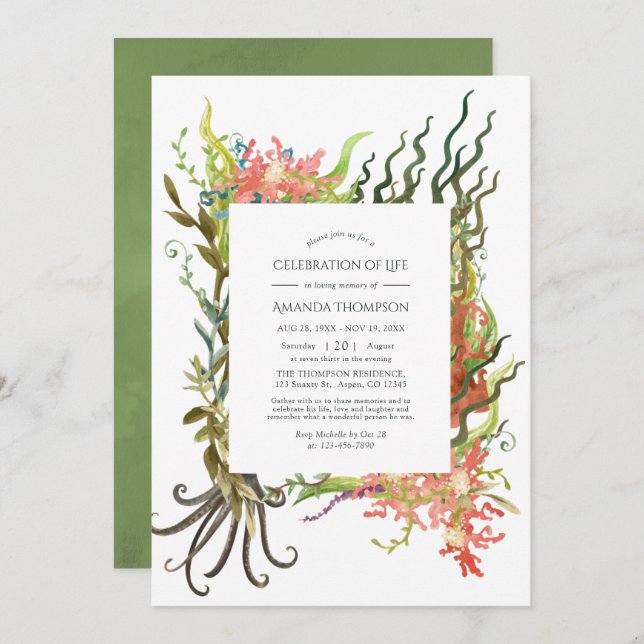 Vattenfärgen Nautical Sjögräs Firande i Life Inbjudningar (Fram/baksida)