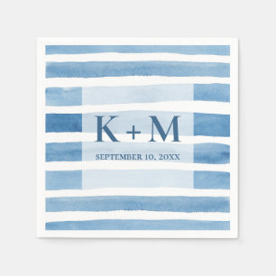 Vattenfärgen nautisk bröllop. Blue rand monogram Pappersservett