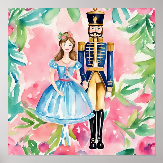 Vattenfärgen Nutcracker och Clara jul Poster (Framsidan)