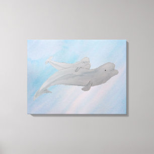 Vattenfärgen Ocean Mor Baby Beluga Whale Canvastryck