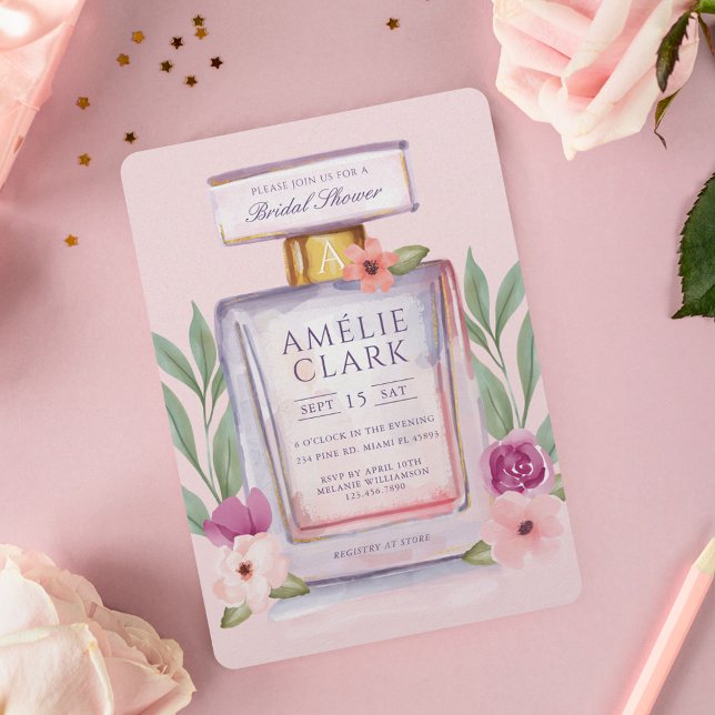 Vattenfärgen Parfym Flaska Blommigt Möhippa Inbjudningar (Watercolor Perfume Bottle Floral Bridal Shower Invitation)