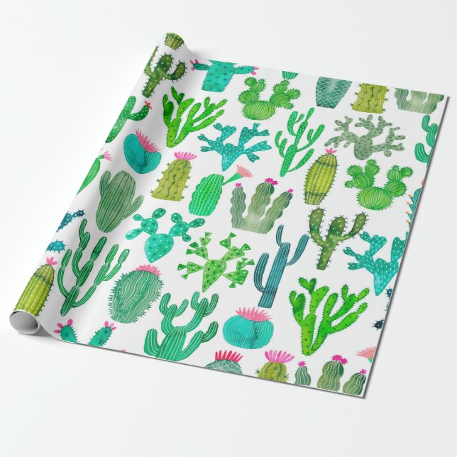 Vattenfärgen påverkar sömlöst mönster. Cacti backg Presentpapper (Utrullad)