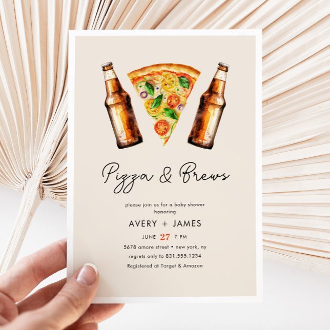 Vattenfärgen Pizza och Brews Co Ed Baby Shower Inbjudningar (Skapare uppladdad)