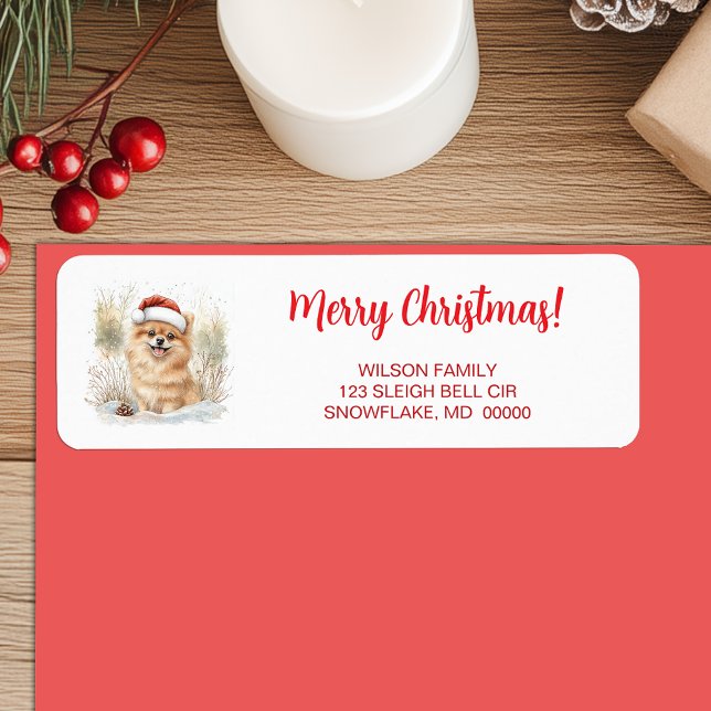 Vattenfärgen Pommern i Santa Hat God jul Returadress Etikett (Watercolor Pomeranian in Santa Hat Merry Christmas Label)