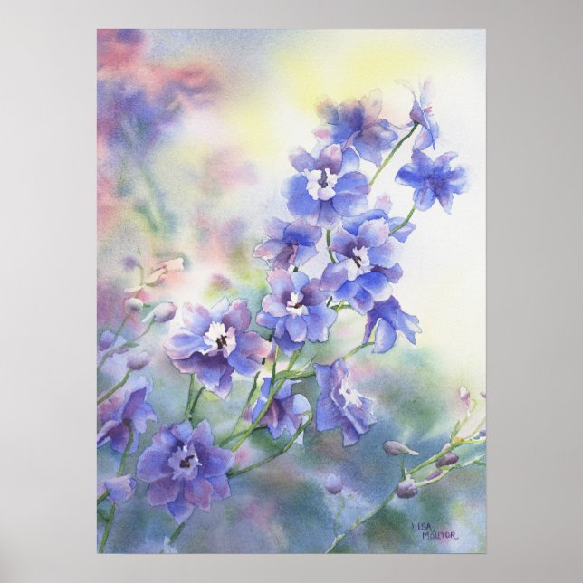 Vattenfärgen poster av lila blue delphinium (Framsidan)