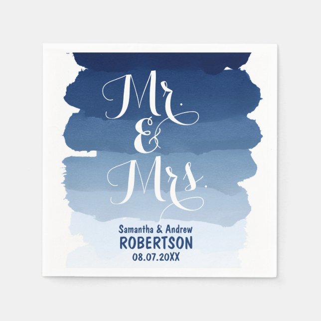 Vattenfärgen rand i marinkblått bröllop pappersservett (Framsidan)